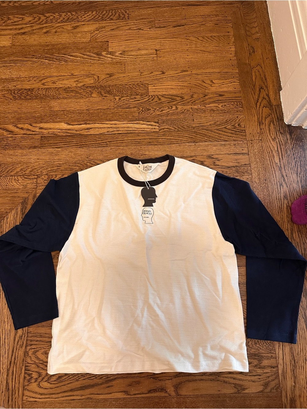 Brain Dead White and Navy Long Sleeve Raglan Tee